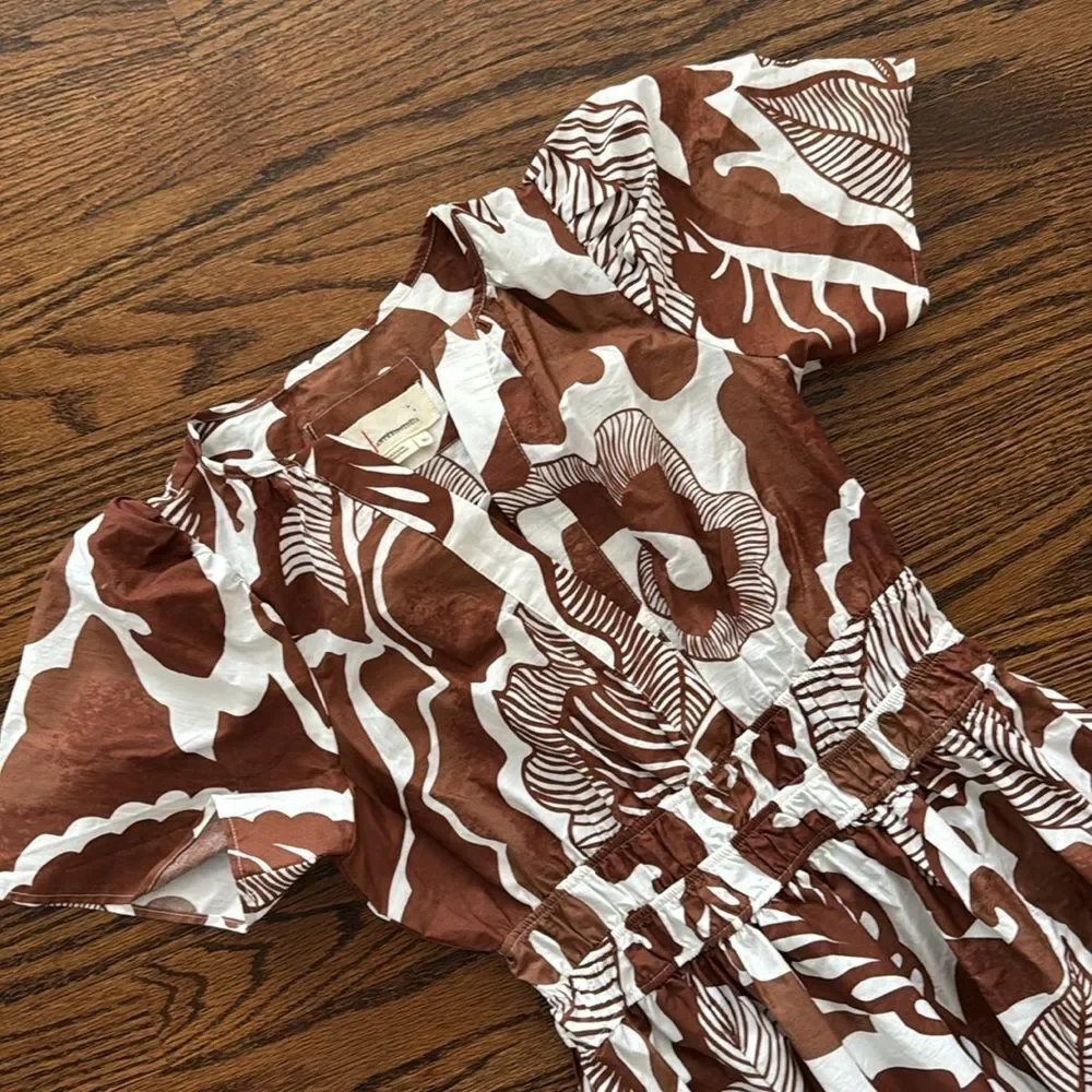 Anthropologie Brown and White Leaf Print Dress Somerset Maxi Dress